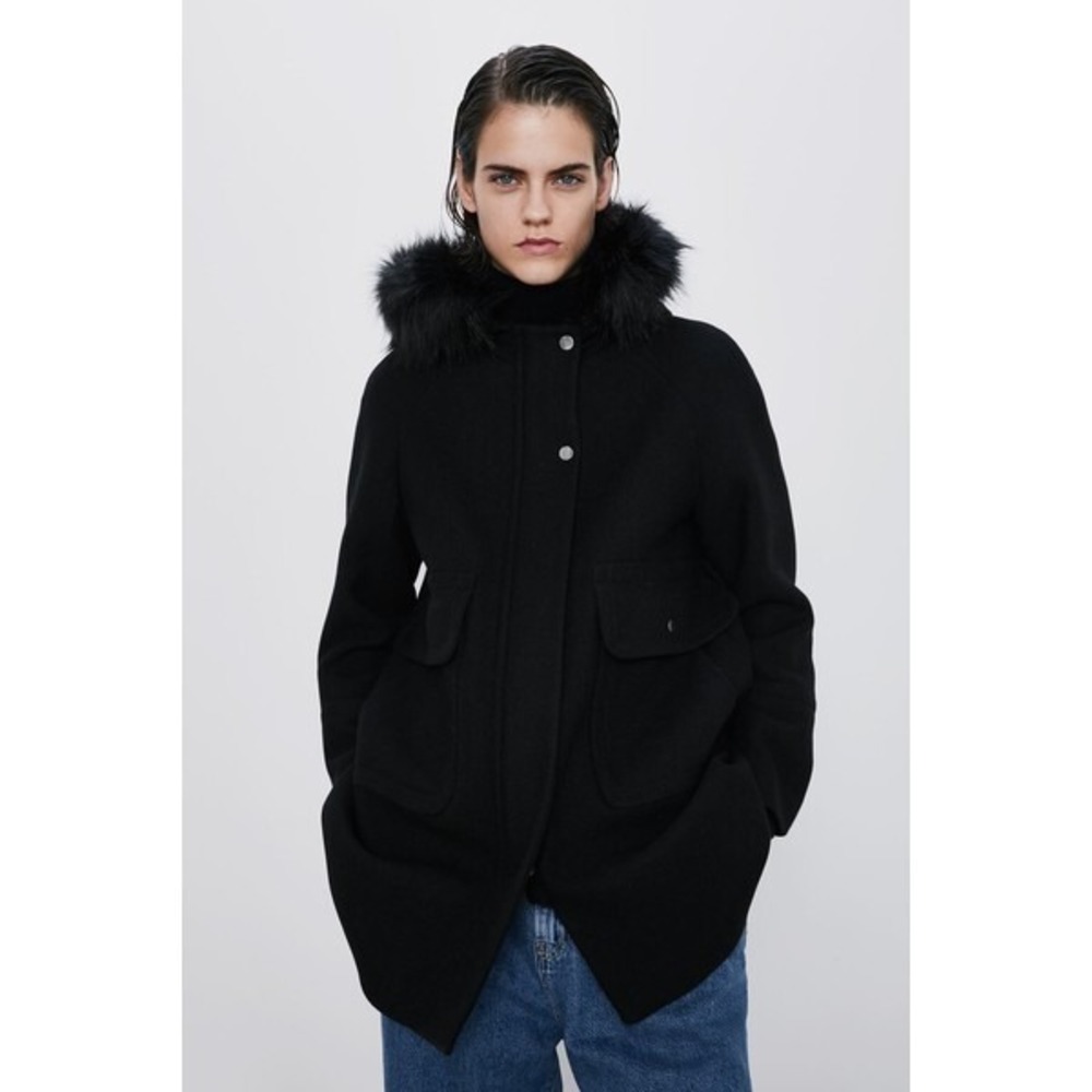 Women's Zara Fur Lined Hooded Parka Jacket Coat Black Wool Blend 2348/66 XS